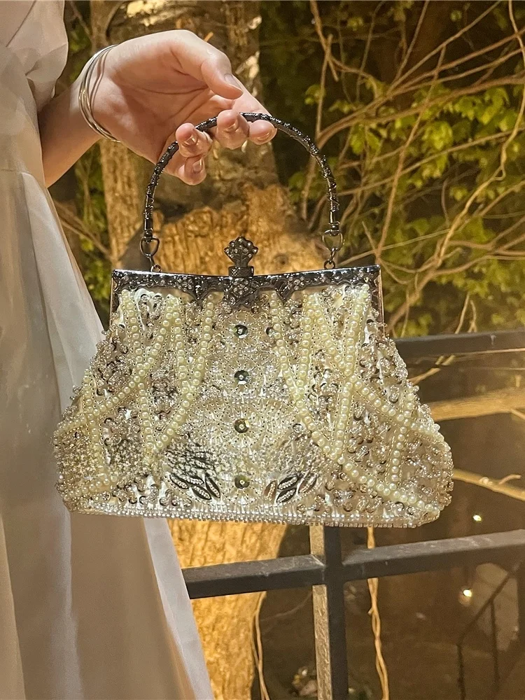 Retro Handmade Beaded Evening Bag Bronze Flag Robe Women Handbag Embroidered Clutch Purse for Banquet Small Square Box Shape