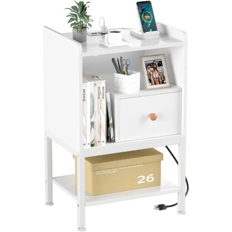 Nightstand with Charging Station,Storage Drawer,Modern 3-Tier End Side Table,Small Wood Bedside Table for Bedroom,Living Room