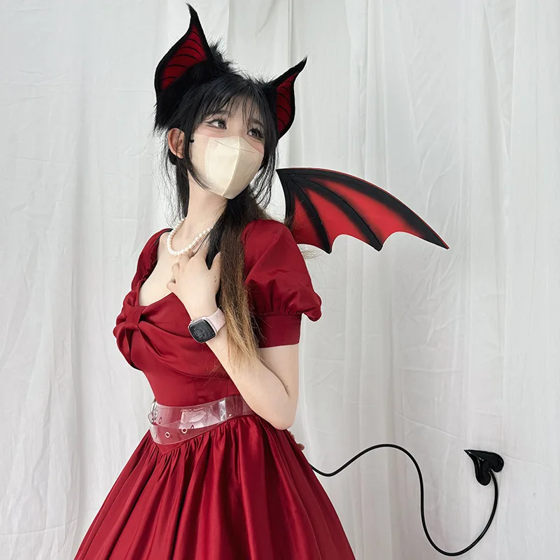 Diademas con Orejas de Murciélago de Bruja Pequeña, Alas y Cola de Amor, Accesorios de Disfraz Gótico para Fiesta de Halloween, Comic-Con y Cosplay