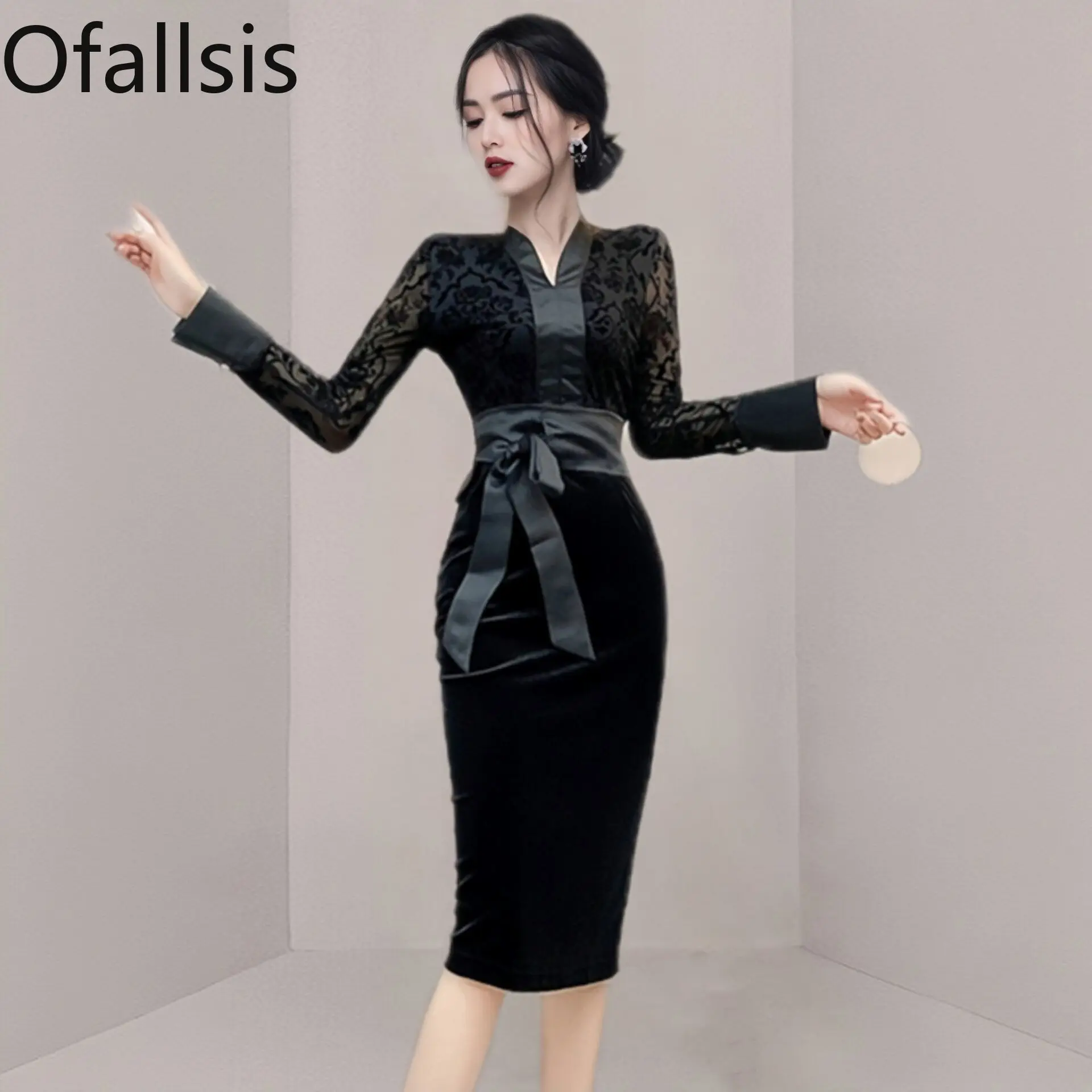 Ofallsis Black V neck Velvet Dress 2024 Autumn Winter New Waist Slim Temperament Mesh Jacquard Gentle Style Early Autumn Dresses