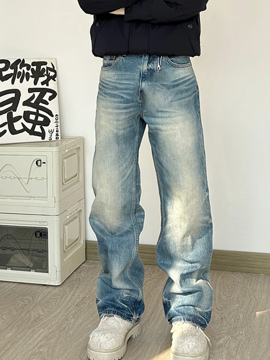 

Deep Blue Bamboo Node Pattern Men's Jeans American Sle Wide Leg Straight Tube Long Pants Wear Resistant Loose Fit Youth Fas...