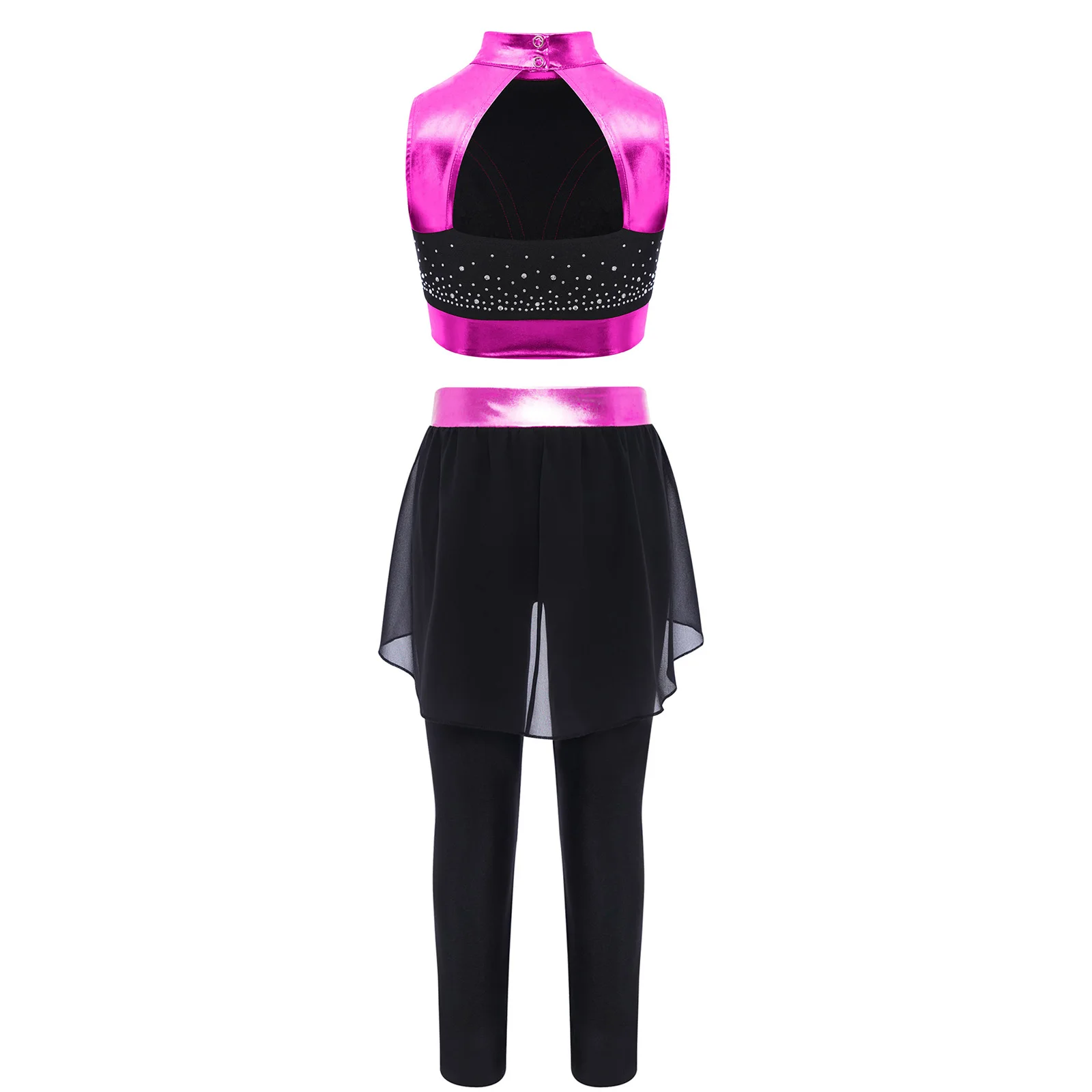 Kids Girls Gymnastics Cheerleader Ballet Dance Performance Cheerleading Costume Shiny Rhinestones Metallic Crop Top with Pants