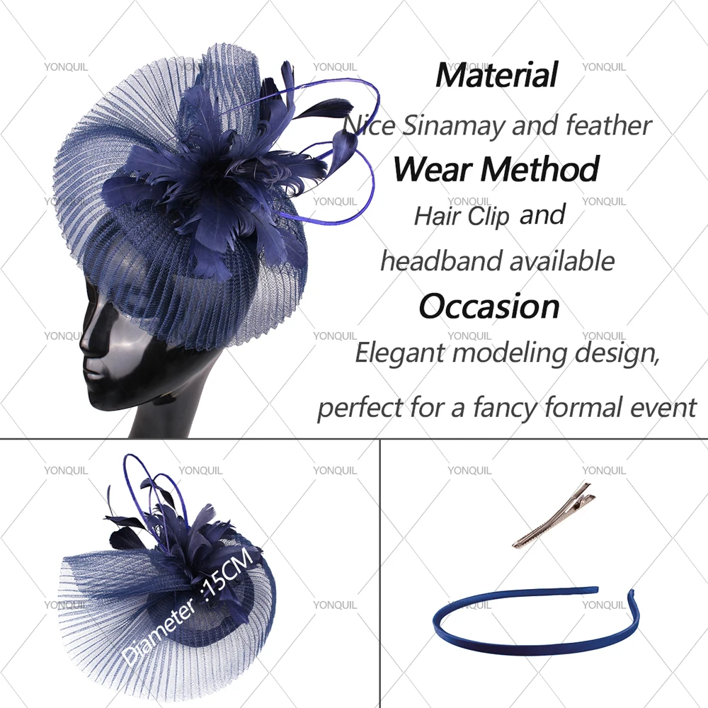 Hochwertige Sinamay-Fascinator-Modehüte für Frauen mit Blumenschleier, modische, elegante Brautmütze, Kopfbedeckung mit Feder – Detail 2