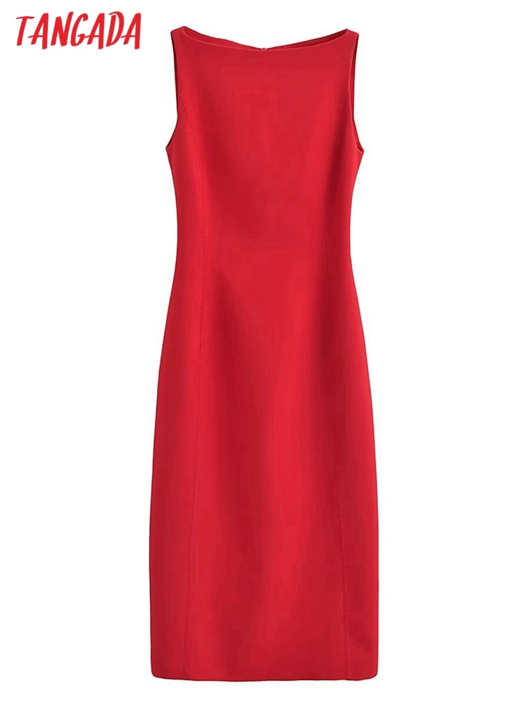 Tangada 2023 Women Red Elegant Dress Sleeveless Female Zipper Midi Dress 6P292