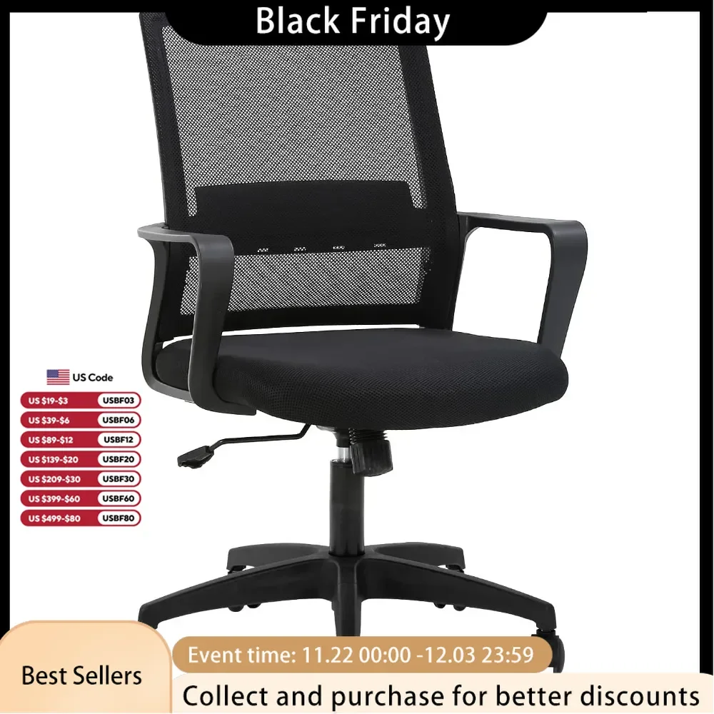 Ergonomic office chair, mid-back mesh computer chair lumbar support comfort executive adjustable swivel task chair with armrests