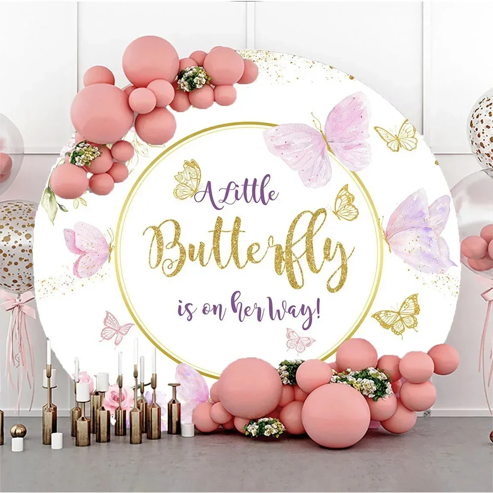 

Sweet Butterfly Birthday Party Round Backdrop for Girl Baby Newborn Purple Flower Glitter Decoration Photography Background Prop