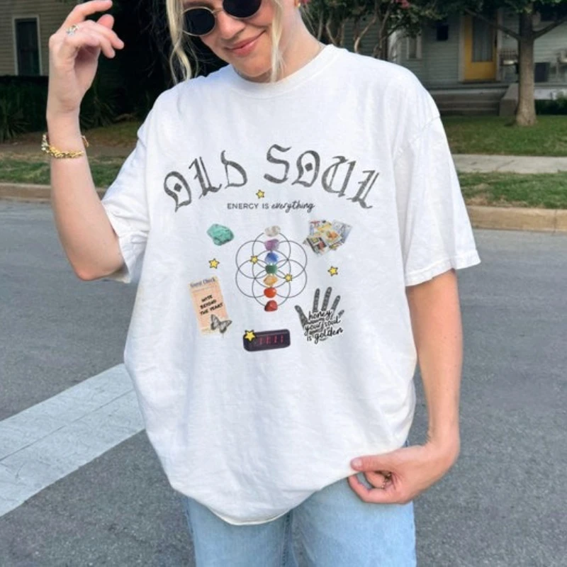 القديمة الروح الطاقة الخريف نمط التأمل اليوغا القطن قميص هدايا للنساء الجمالية بوهو Y2K ريترو الشارع الشهير الملاك عدد قميص