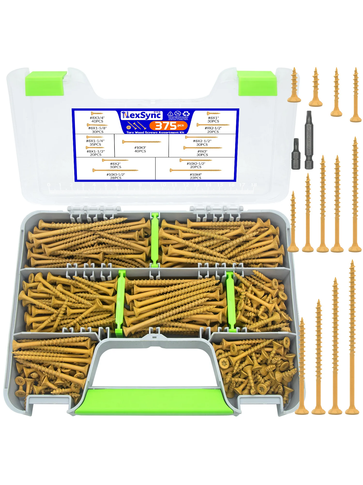 375pcs-yellow-torx-wood-screws-assortment-kit-with-2pcs-torx-bits-self-tapping-deck-screws