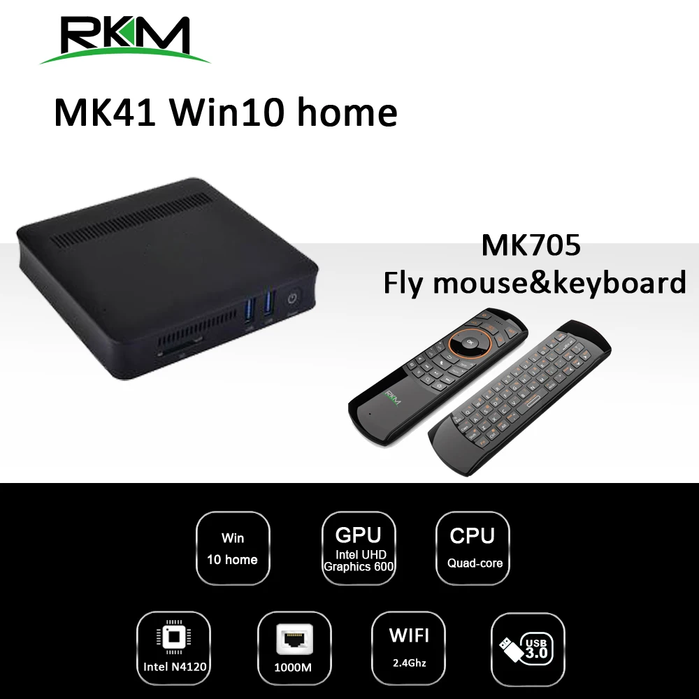 

RKM Win10 Media Player Quad Core N4120 TV Box 4GB RAM,64GB ROM eMMC WIFI 802.11b/ac [MK41]+Fly mouse MK705