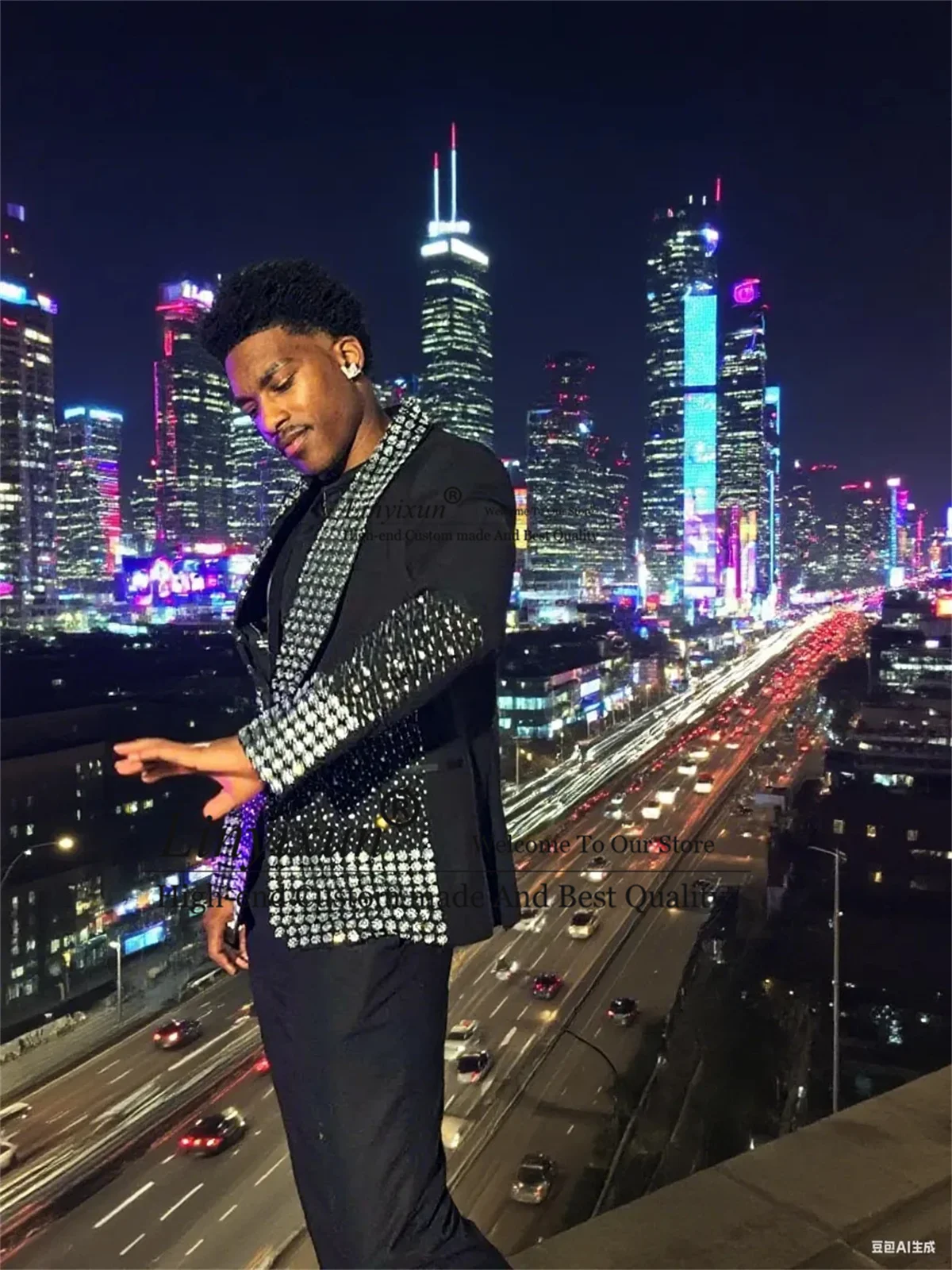 Glitter strass frisado ternos masculinos 2 peças conjuntos de noivo smoking masculino baile blazers personalizado fino ajuste casamento trajes para hombre