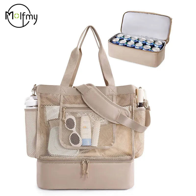Sandproof Beach Tote Bag Multi-Pocket Mesh Transparent Bag Double-layer Heat Preservation Foldable Lightweight Picnic Beach Bags