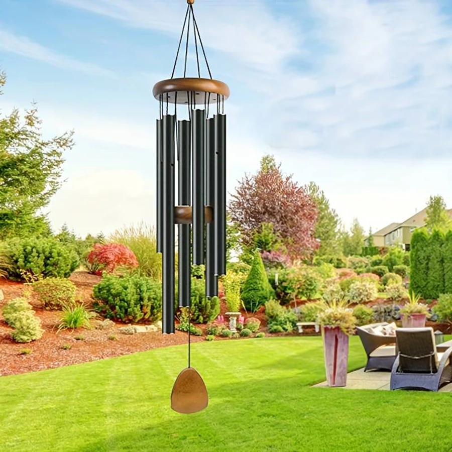 1pcs classic black aluminum pipe wind chimes with wooden hanging tag balcony corridor decoration birthday gift