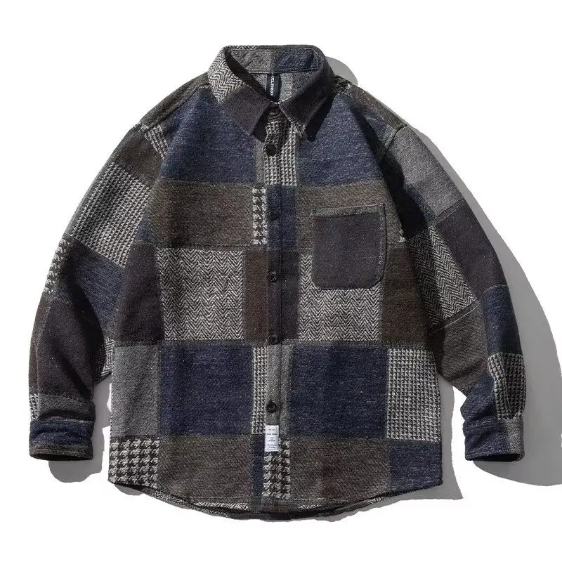 

Retro Japanese Plaid Long Sve Men's Casual Woolen irt Versatile Outfit Youth Trend Polyester Spring Autumn Winter Jaet