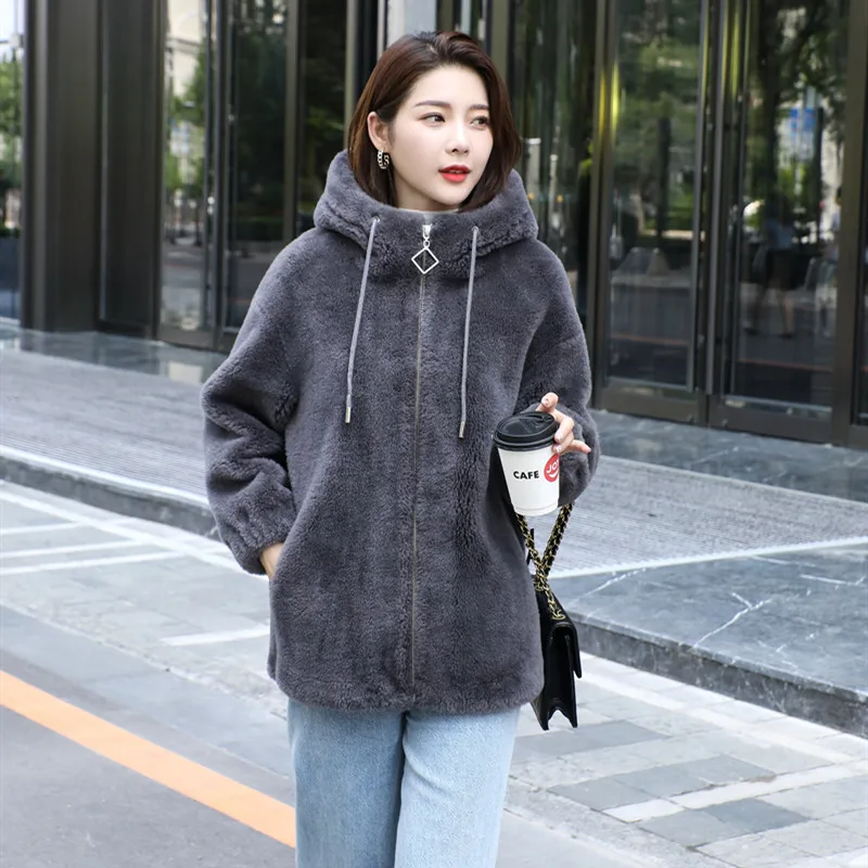 

2023 Women Winter New Genuine Lamb Fur Coats Female Sheep Shearing Hooded Jackets Ladies Solid Color Real Fur Overcoats Sa448