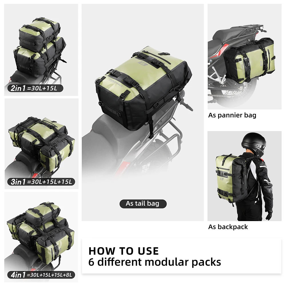 Rhinowalk Motorcycle Tail Bag 8L/15L/30L Waterproof Side Seat Motor Pack Tank Pannier Sadddle Bag Multifunctional Travel Luggage