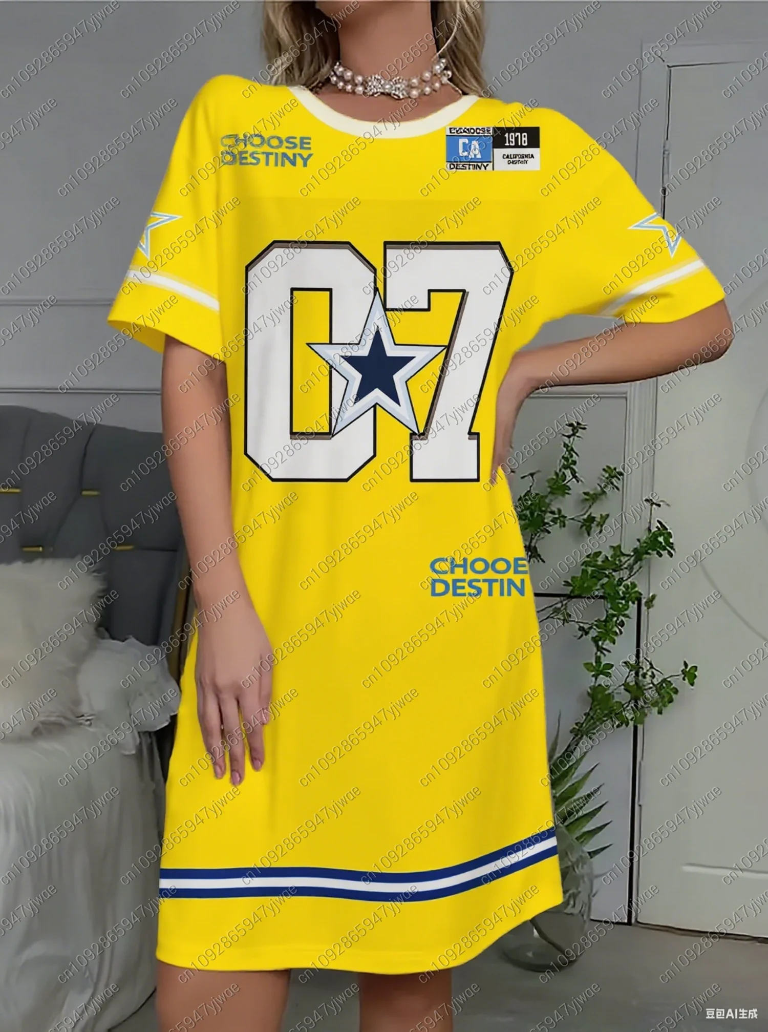 Verão poliéster feminino camiseta vestido solto casual listra no.7 impressão o-pescoço senhora manga curta pulôver vestidos roupas femininas