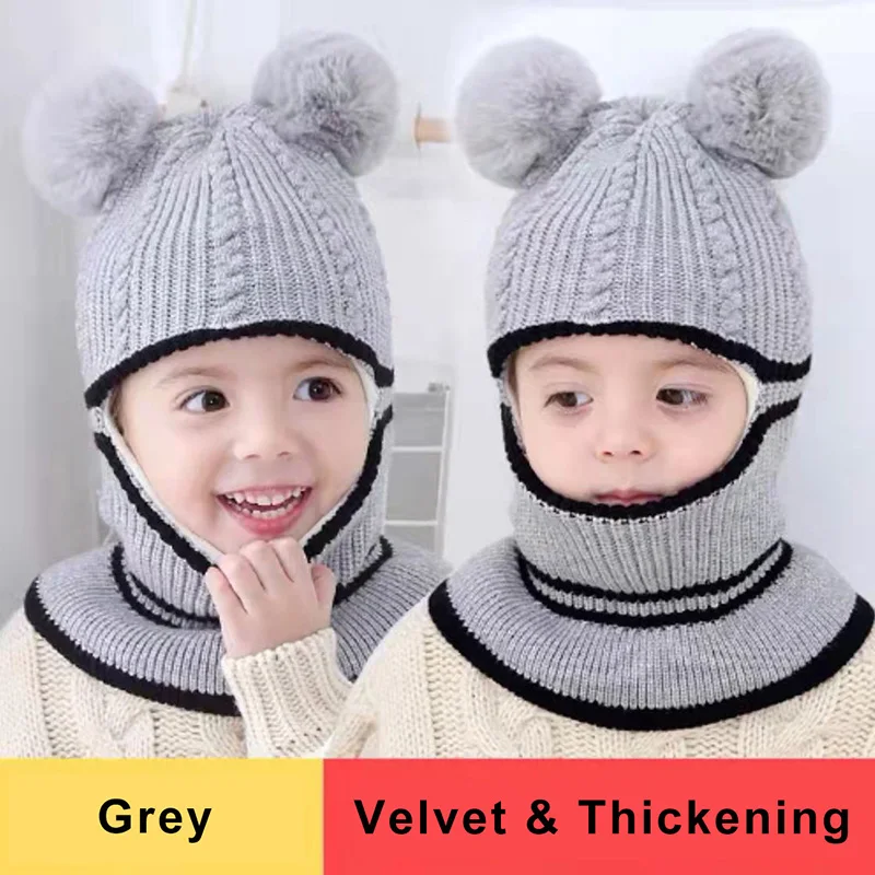 New Arrival  Winter Kids Plus Fleece Hats Thick Warm Knitted Cap For Child Outdoor Girls Boys Face Cover Hairball Bib Mask