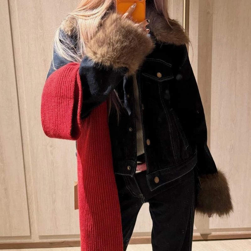 

Винтажная женская джинсовая куртка на флисовой подкладке, осень и зима 2025, новый утолщенный топ с отложным воротником