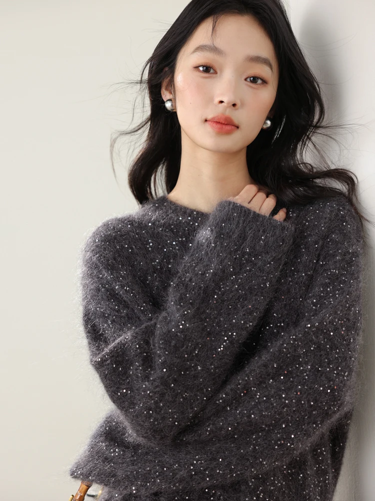 

Ele round Ne Pullover Sweater Women's Loose Fit Camere Blend iny Sequin Detail Commute Sle Faionable Soft Mohair