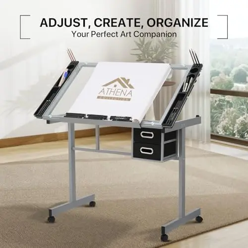 41" Drafting Table Adjustable Angle Drawing Table Tempered Glass Art Desk Metal Frame Craft Desk for Artist with Fabric view 6