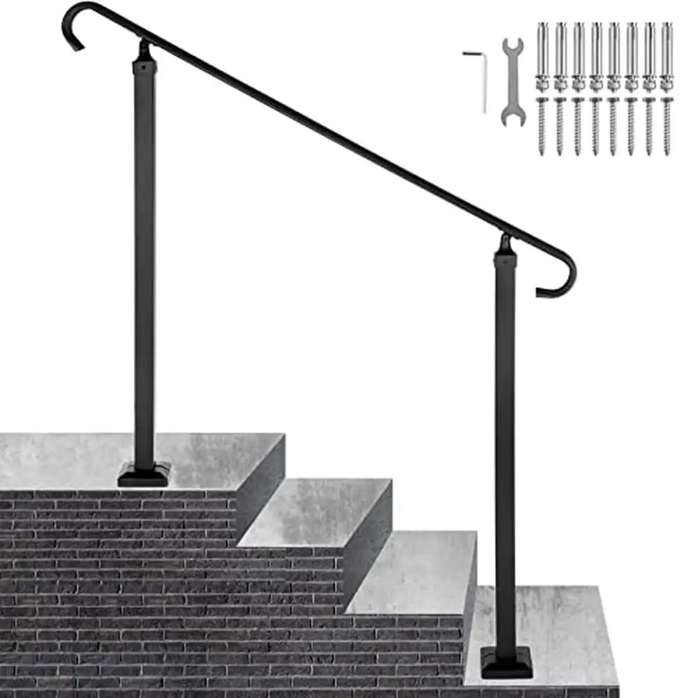 Outdoor Stair Railing Handrail Kit Adjustable 3-4 Steps Iron Hand Rail Transitional Metal Rail Staircase Easy Install Kit