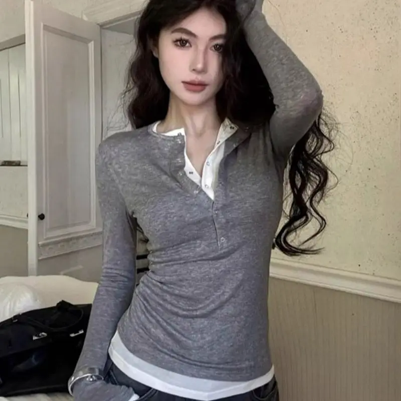 2025 New Summer American Style Hot Girl Slim Fit Long Sleeve Base Shirt Women's Versatile Shoulder Level T-Shirt Casual Style