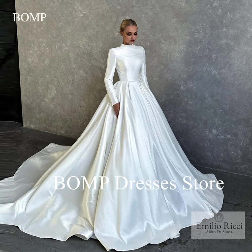 BOMP เจียมเนื้อเจียมตัวสายซาตินชุดแต่งงานดูไบคําคอยาวแขนยาวง่ายชุดเจ้าสาว Robe de mariage ที่กําหนดเอง