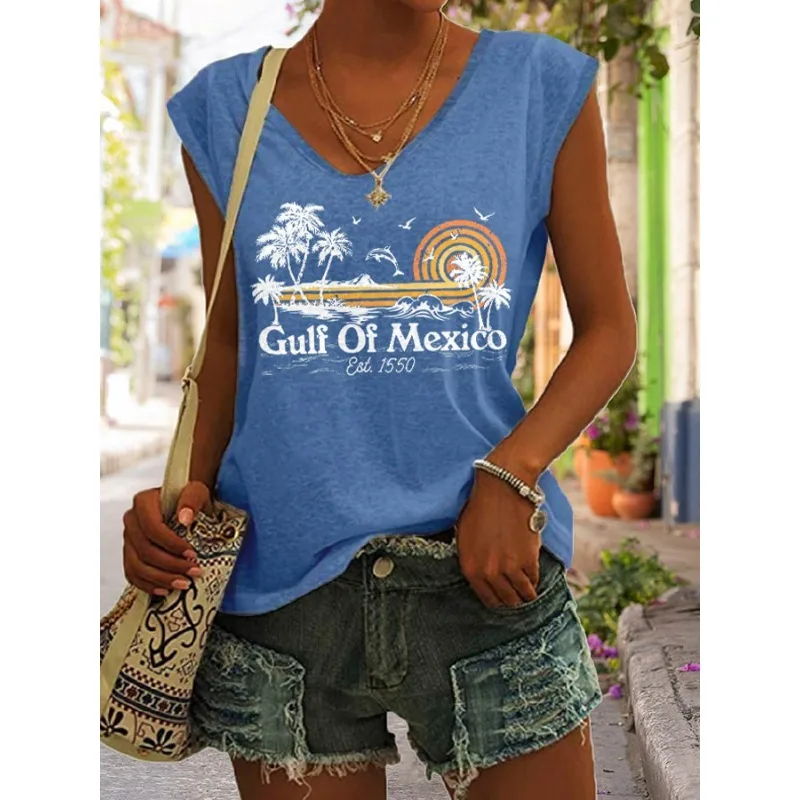 Women's V-neck Sleeveless Casual Vest Gulf of Mexico Print Summer Beach Vacation Top