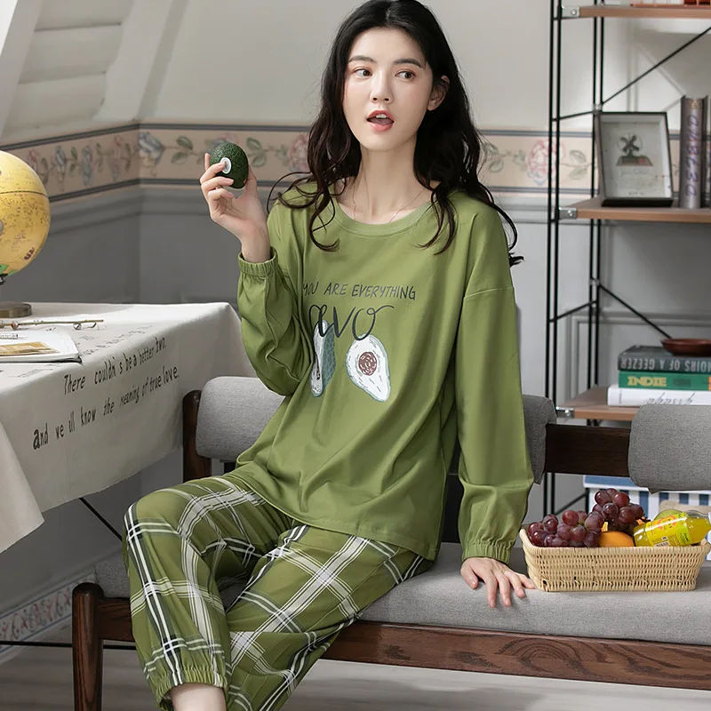 Spring Autumn Women's Pure Cotton Pajamas Round Neck Long Sleeve Pullover Pants Oversized Loose Casual Home Clothing Set