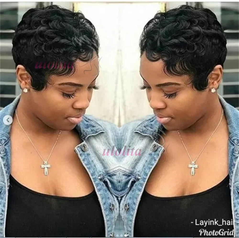 Pixie Cut Finger Wave Kurze Bob-Perücken für Schwarze Frauen, Echthaar Ocean Wave Kurze Indische Echthaar-Perücke 13X4 Lace Front Perücken – Detail 5