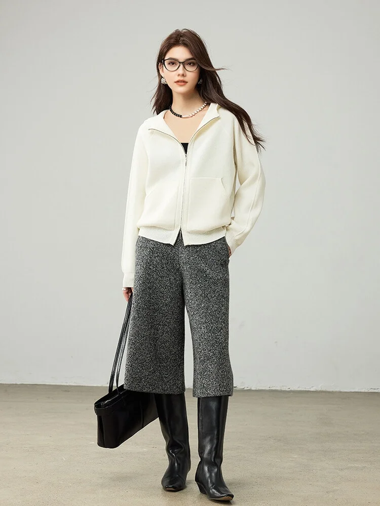 SuyaDream, Hooded Cardigans For Woman, 100%Merino Wool, Cozy Sweaters, 2025 Fall Winter Jackets, White, Grey