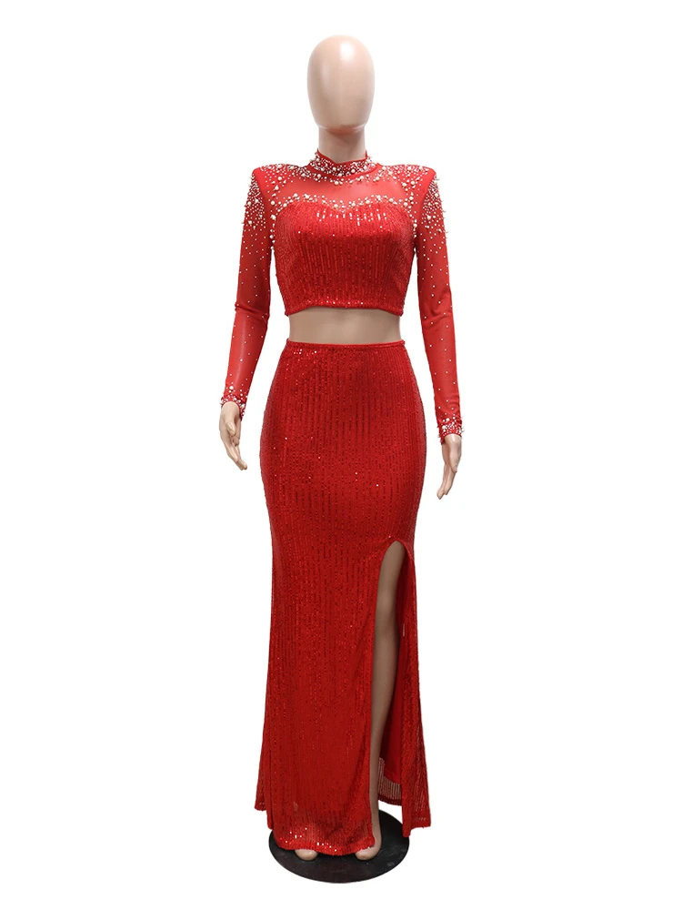 Luxury Sequins Evening Dress Set Beading Diamonds Cropped Tops High Slit Maxi Skirts 2 Piece Outfits Bodycon Party Dinner Gown