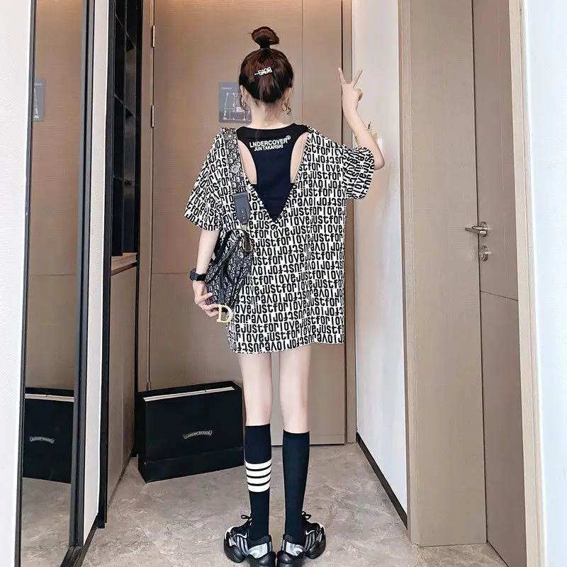 Korean Backless Loose Midi T-shirt Fake Two Pieces Spliced Female Clothing Chic Letter Printed Summer Casual Pockets Pullovers