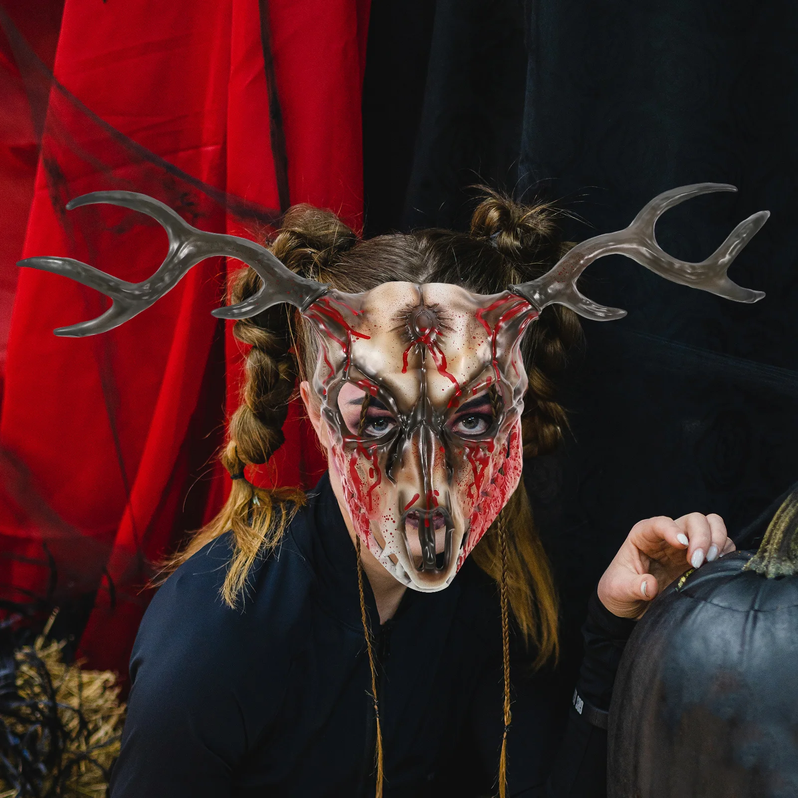 1 個ハロウィン角のある大人の仮装パーティーコスプレ小道具アクセサリー男性女性仮面舞踏会マスク動物の頭マスク鹿の角
