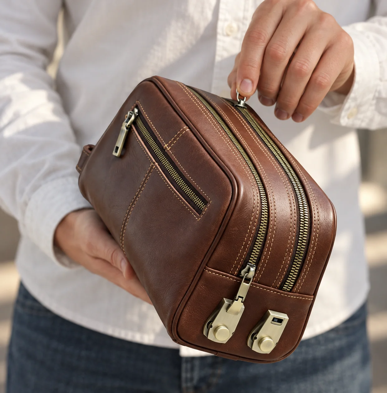 CONTACT'S Full Grain Leather Men's Clutch Bag Large Capacity Double Metal Code Lock Handbags Male Travel Gift Vocation Bags
