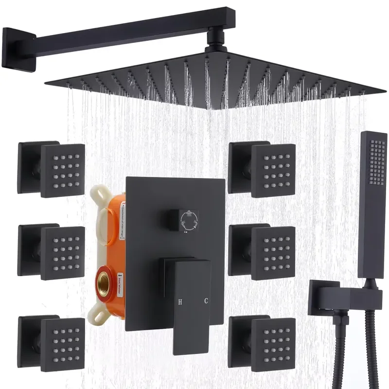 Matte Black Shower System with Body Jets 12 Inch Wall Mount Rainfall Shower System and Handheld Body Spray Shower Faucets