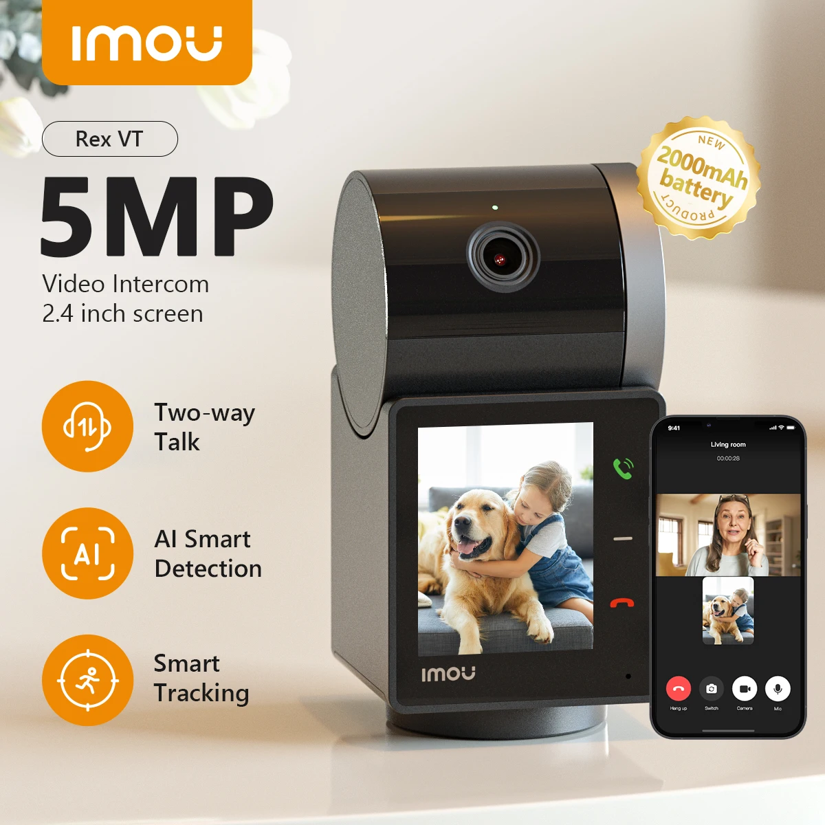 IMOU Rex VT 5MP 3K Indoor Screen Video Camera Human Pet Detection 2.4inch Display PT 360 Two Way Talk One-Touch Call WiFi Camera