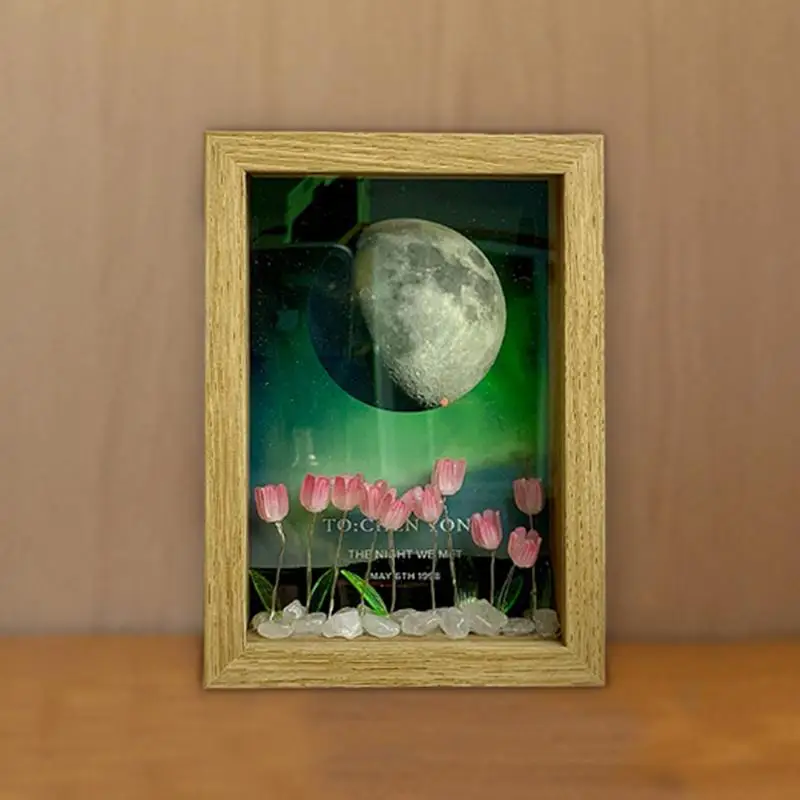 Tulipas Photo Frame Night Light, Flor Picture Frame, Luz Decoração Móveis, USB Powered