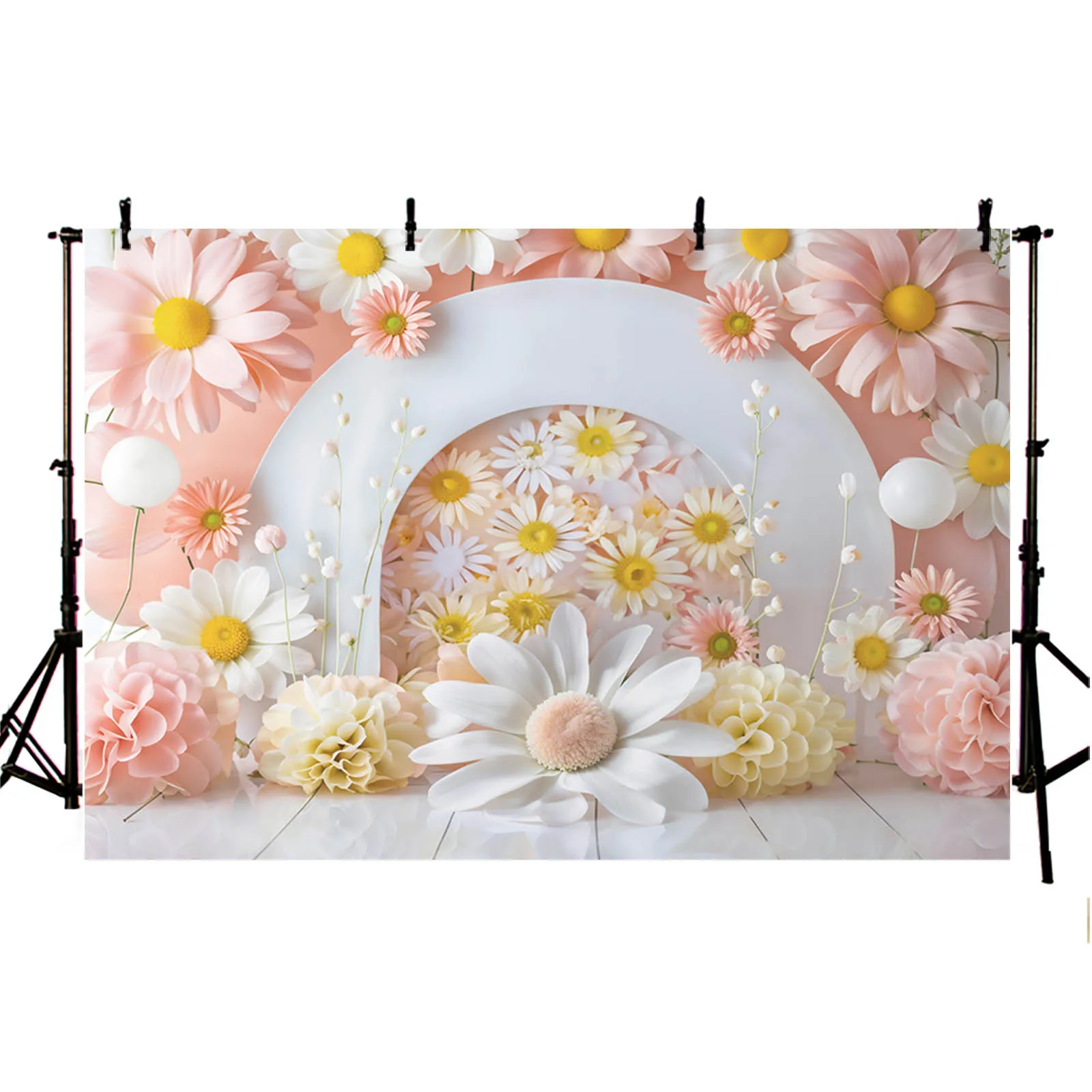 Photography Background  White Daisy Flowers Girls Birthday Cake Smash Backdrop Party Decor Arch Wall Portrait Baby Shower Photo