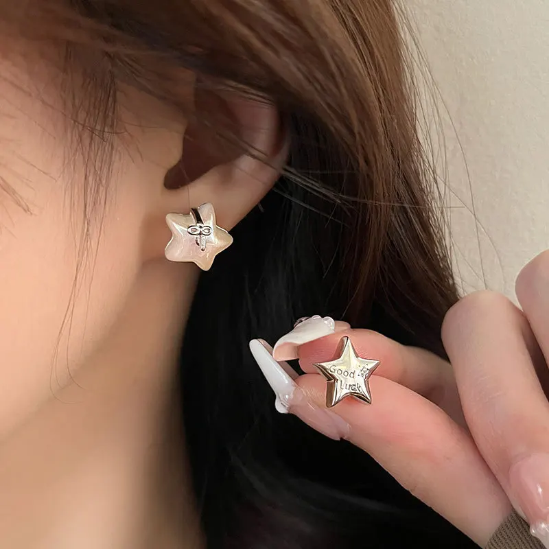 Creative Asymmetric Shell Star Stud Earrings Women 925 Sterling Silver Lucky Bow Light Luxury Charm Jewelry