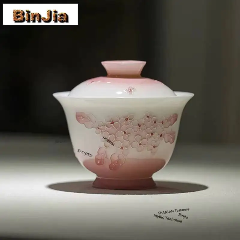 Hand-painted Pink Embroidered Ball Gaiwan Aesthetic Tea Tureen Tea Bowl With Lid Kit Tea Brewing Cover Bowl Tea Ceremony Gift