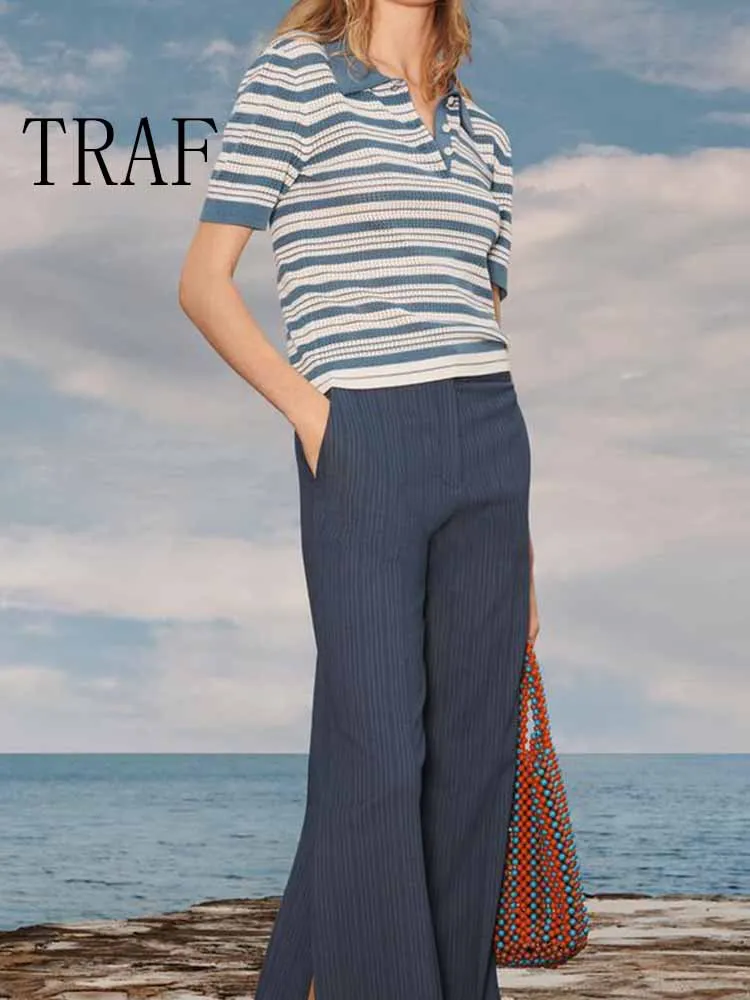 

TRAF European and American style summer new women's clothing versatile cotton striped lapel short-sleeved knitted sweater