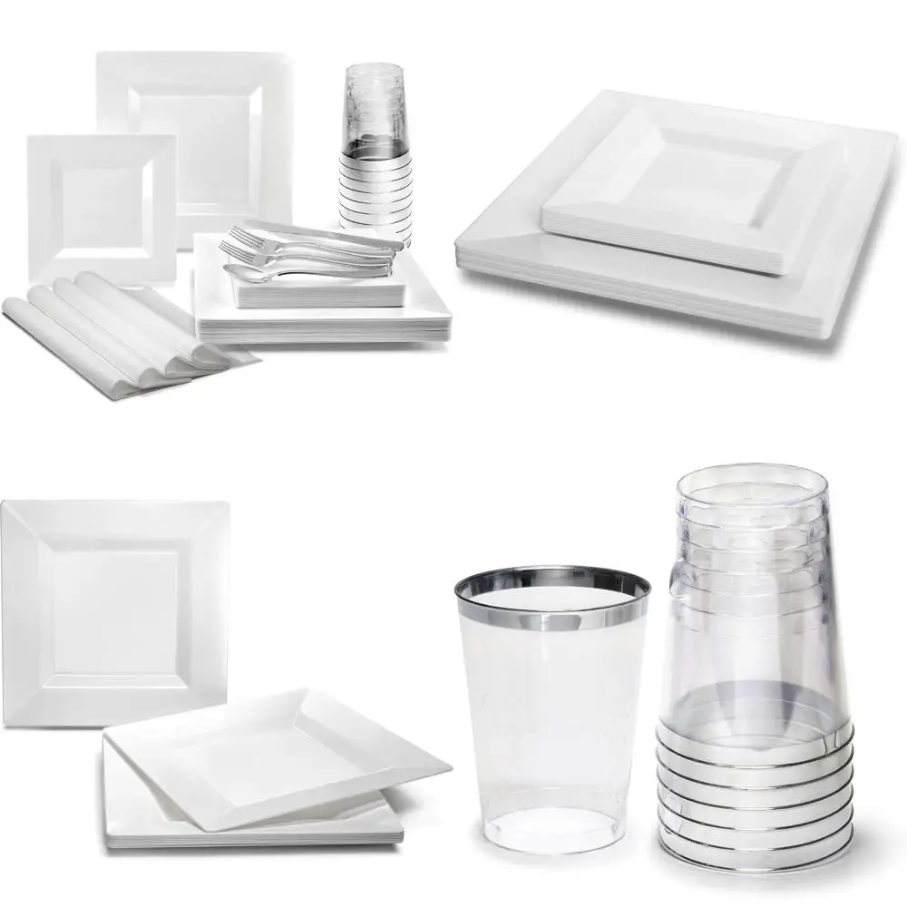 

Набор OCCASIONS, 200 шт. (25 гости) — набор одноразовых пластиковых тарелок для свадебной вечеринки -25 x 9,5 дюйма + 25 x 6,5 дюйма + серебряная посуда + C