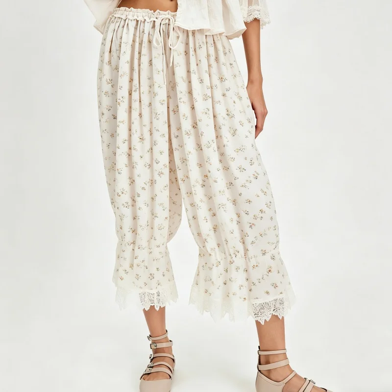 Women Y2k Floral Print Lace Trim Long Bloomers Elastic Mid Rise Ruffle Pantaloons Cropped Flared Slips Pants Pajama Bottoms