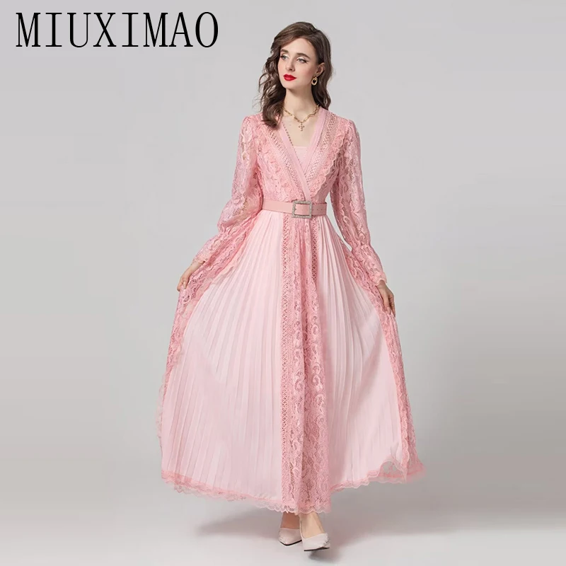 

MIUXIMAO 2024 Summer Elegant Pretty Dress Women's V-Neck Full sleeve Travel Ruffles Lace Slim Long Dress Vestides With Belt