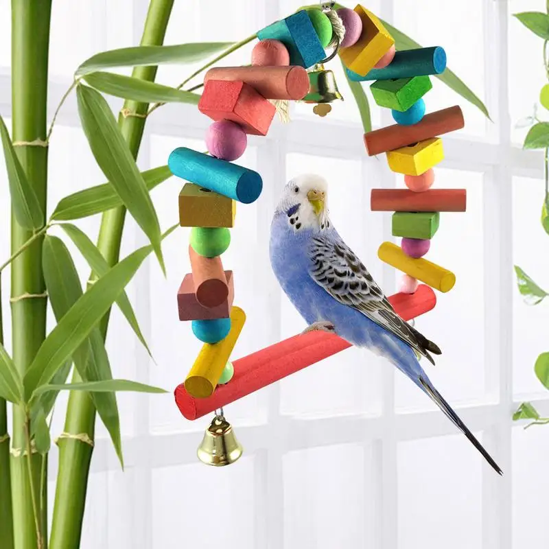 Parakeet Swing For Cage Wooden Bird Swing Perch With Bell Decorative Pet Chewing Toy Parakeet Standing Rod For Lovebird Conure