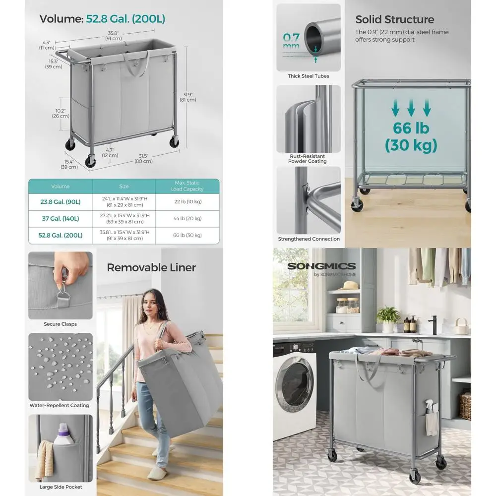 

3-х уровневая корзина для белья, вместимость 200 л, стальной каркас, съемный вкладыш, 35,8 x 15,4 x 31,9, серый голубь