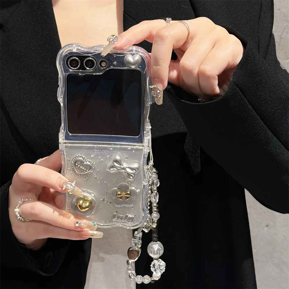 Luxury Glitter Silver Heart Bow Phone Case for Samsung Z Flip5 5G Z Flip4 Zflip5 Zflip4 Z Flip3 flip 5 Protector Clear Cover