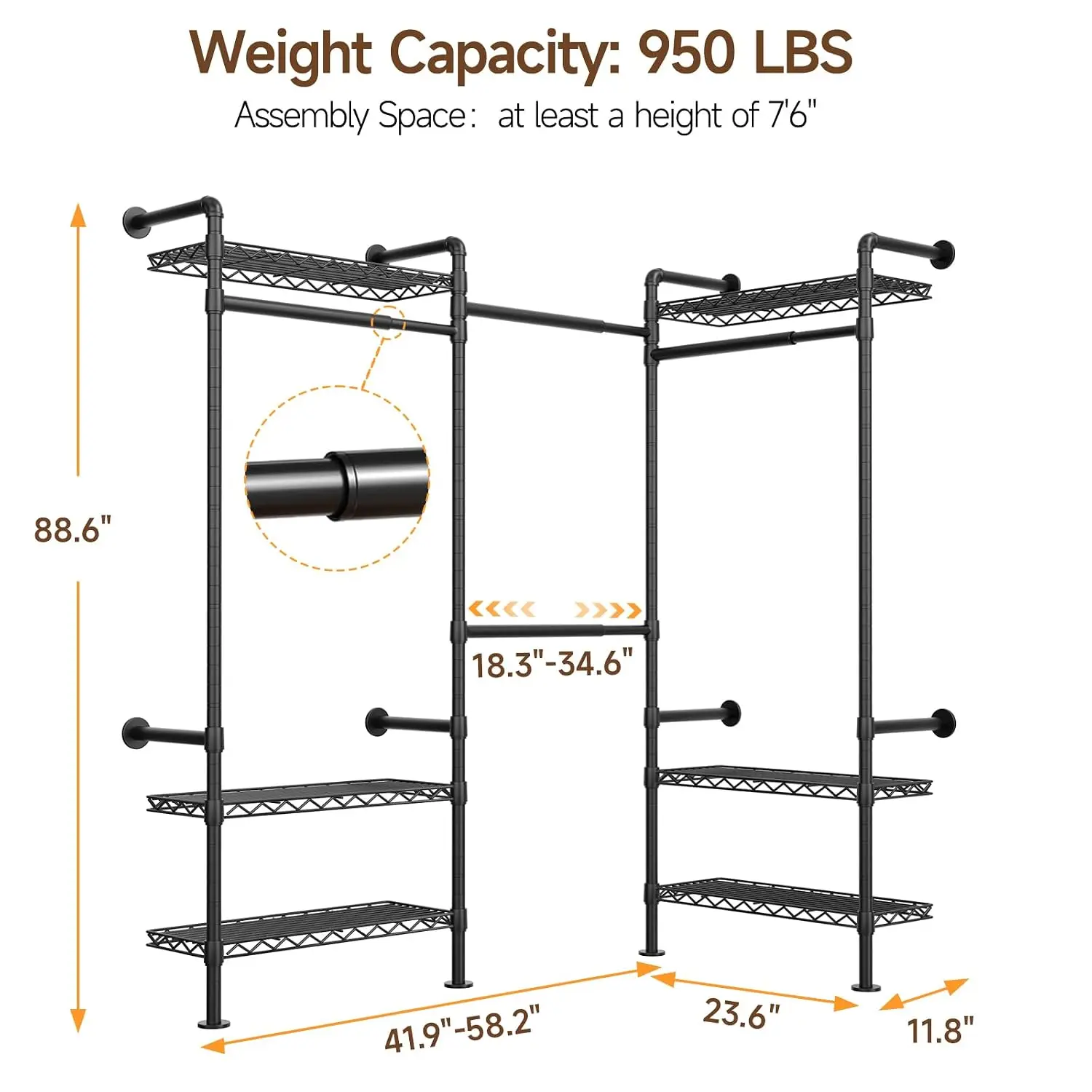L3 Wall Mounted Metal Pipe Closet System Heavy Duty Garment Rack, Customized