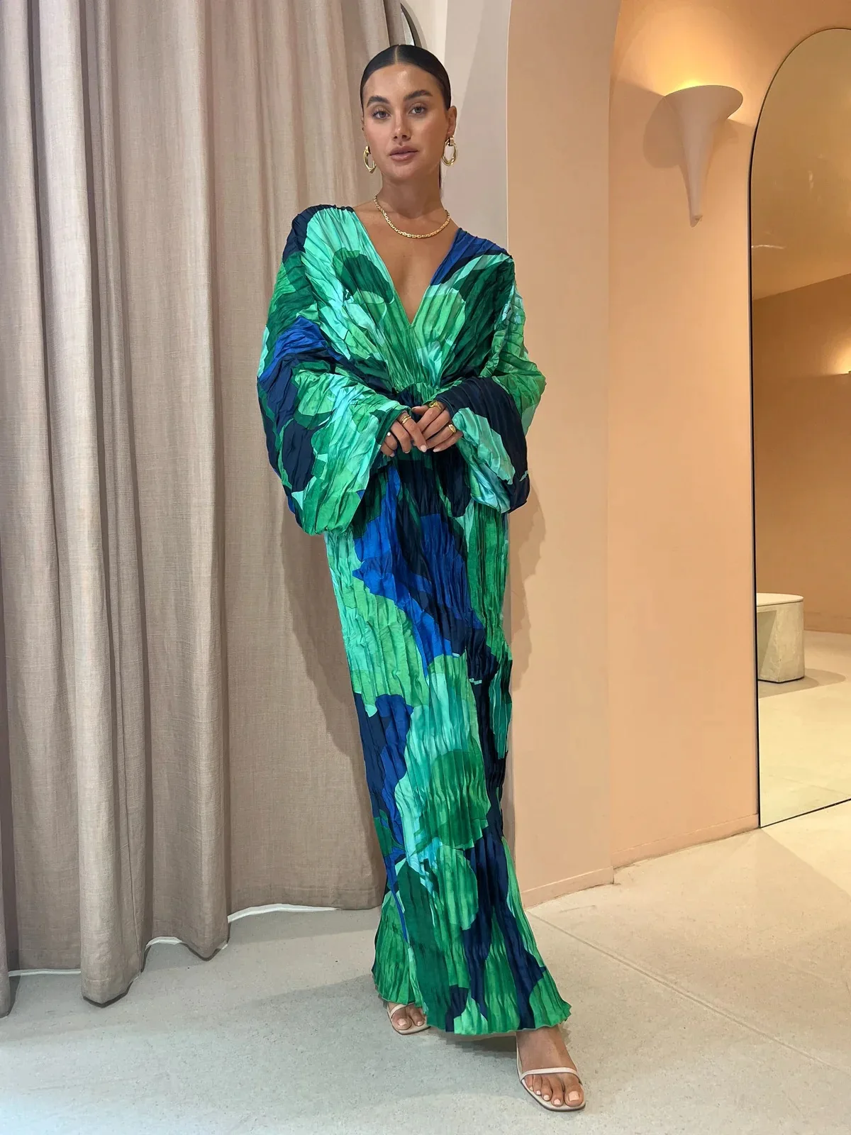 2024 Long Sleeve Pleated Loose Green Blue Beach Dress Long Beach Cover up Woman Swimwear Bikini Tunic Beachwear Outfit Sundress